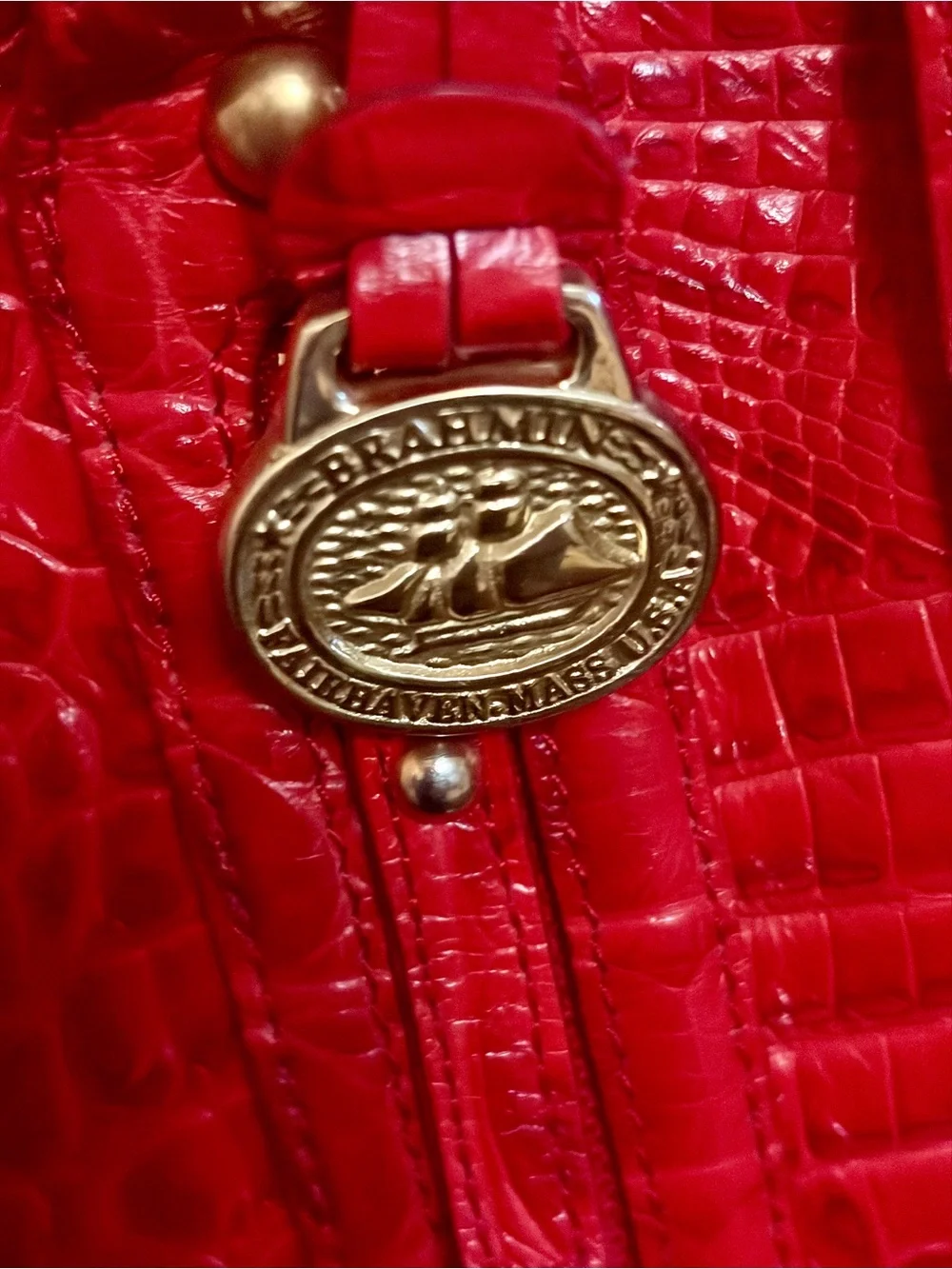 Brahmin Red Croc-Embossed Satchel with Gold Hardware